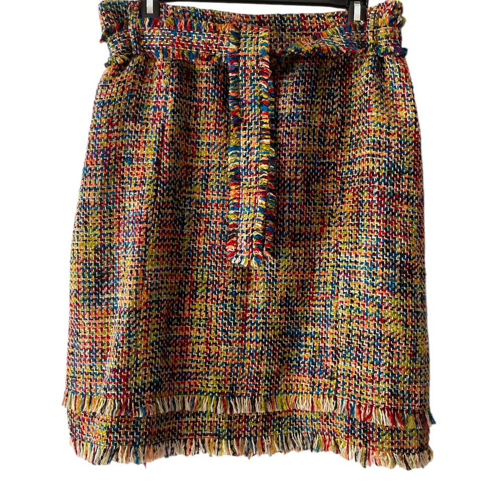 Oscar De La Renta multicolor tie waist fringe tweed skirt